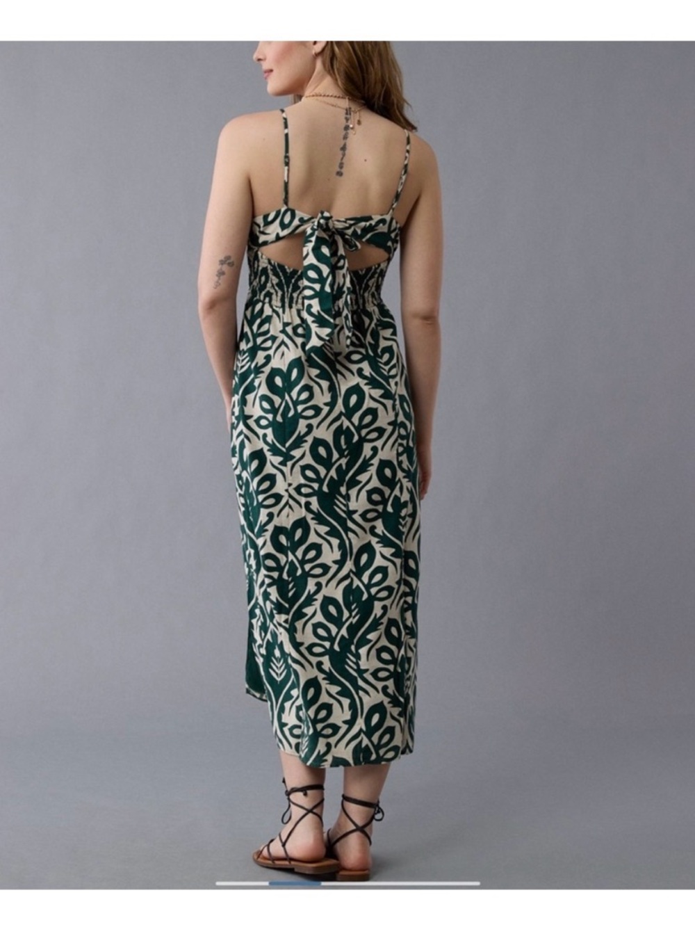 American Eagle Outfitters Green and Cream Printed Tie-Back Maxi Dress